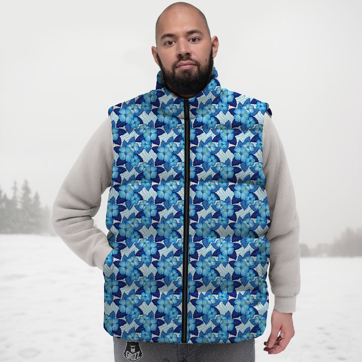 Hibiscus Tropical Blue Print Pattern Down Vest