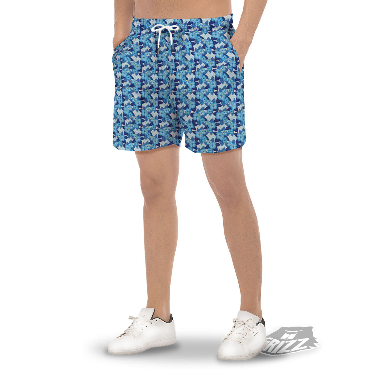 Hibiscus Tropical Blue Print Pattern Men's Gym Shorts-grizzshop