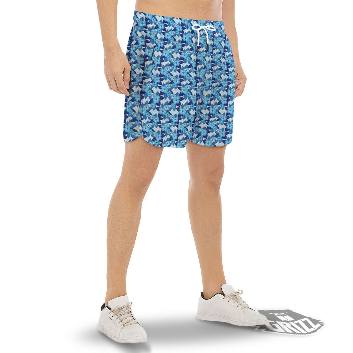 Hibiscus Tropical Blue Print Pattern Men's Gym Shorts-grizzshop