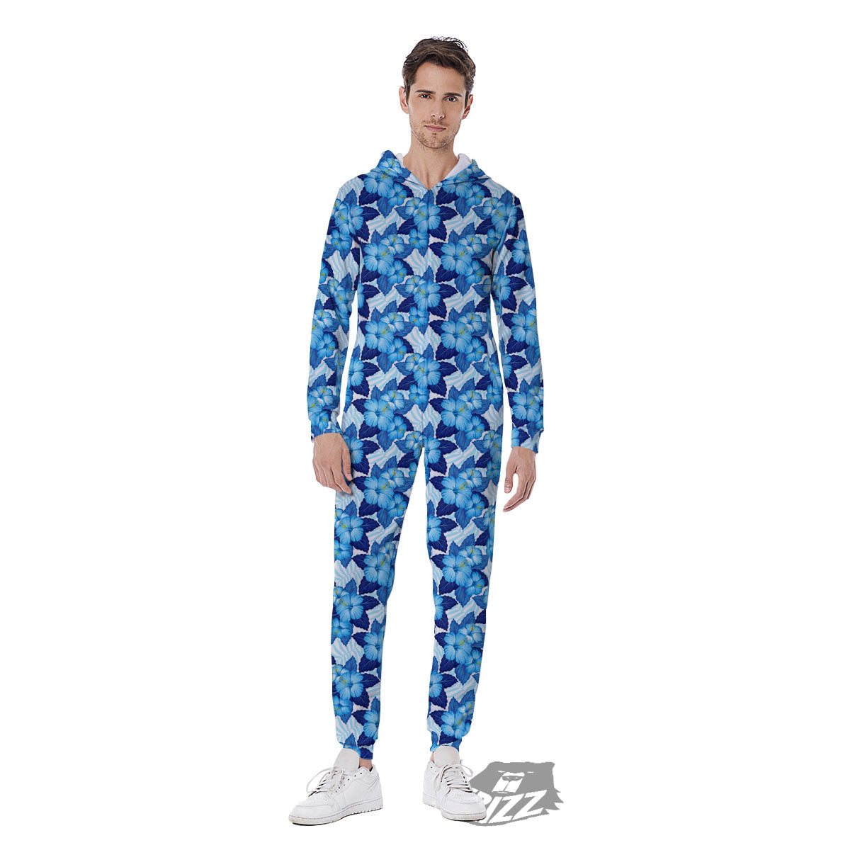 Hibiscus Tropical Blue Print Pattern Men's Jumpsuit-grizzshop