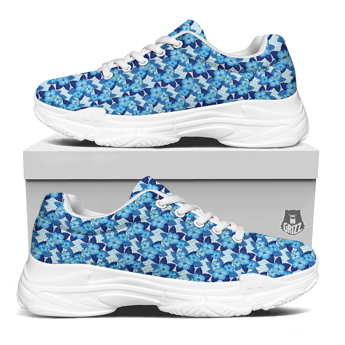 Hibiscus Tropical Blue Print Pattern White Chunky Shoes-grizzshop
