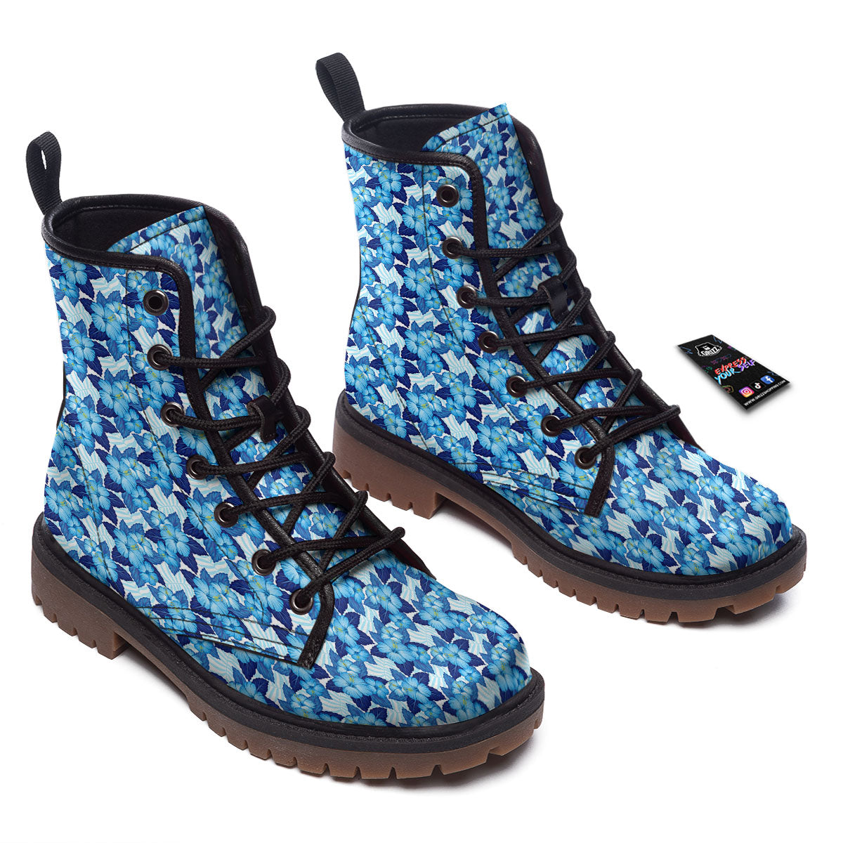 Hibiscus Tropical Blue Print Pattern Work Boots-grizzshop