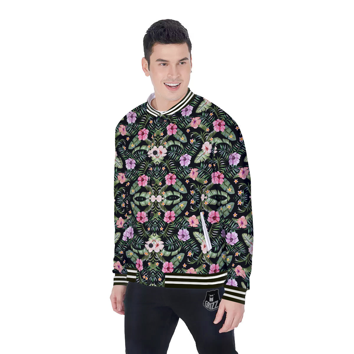 Hibiscus Tropical Floral Vintage Print Pattern Baseball Jacket-grizzshop
