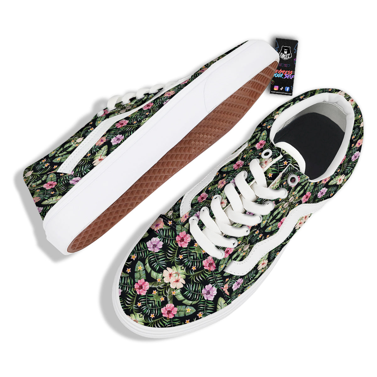 Hibiscus Tropical Floral Vintage Print Pattern Skate Shoes-grizzshop