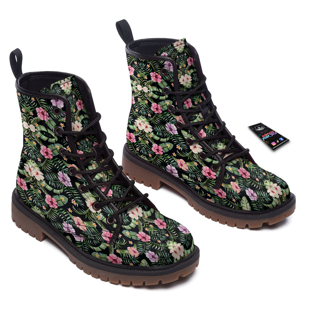 Hibiscus Tropical Floral Vintage Print Pattern Work Boots-grizzshop