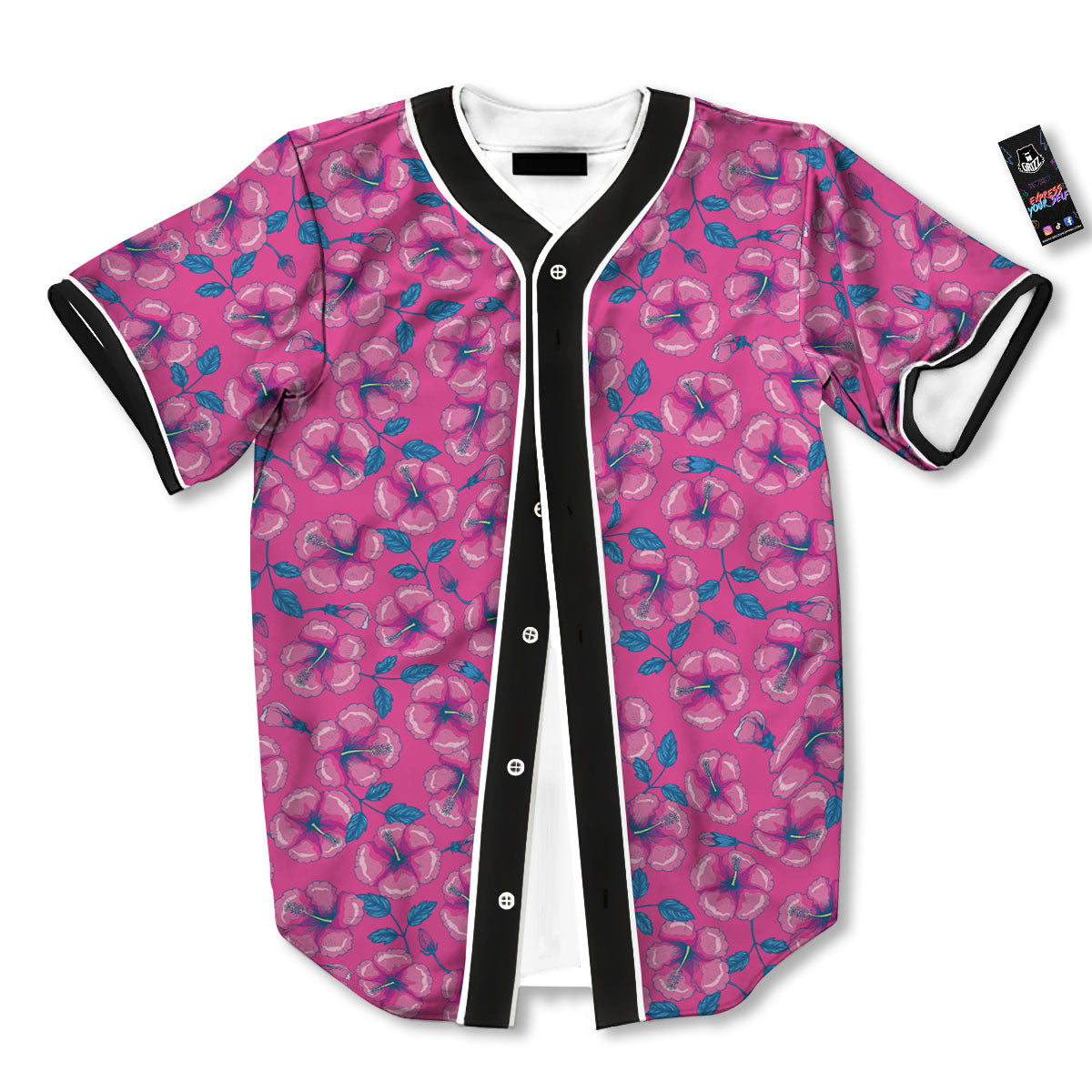 Hibiscus Tropical Hot Pink Print Pattern Baseball Jersey-grizzshop