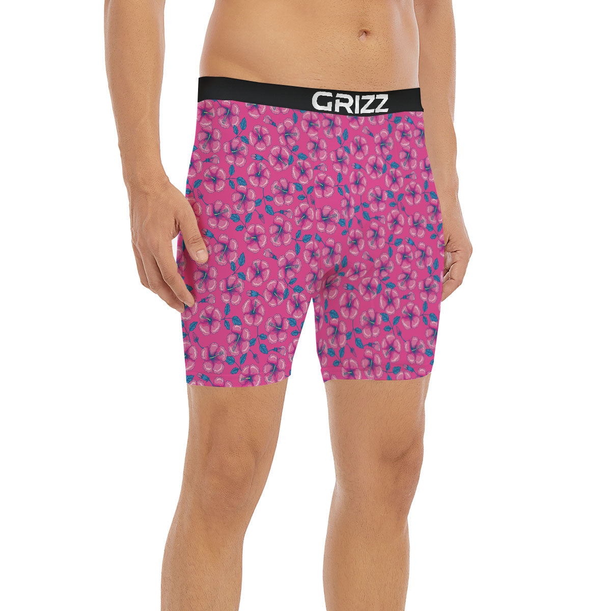 Hibiscus Tropical Hot Pink Print Pattern Boxer Briefs-grizzshop