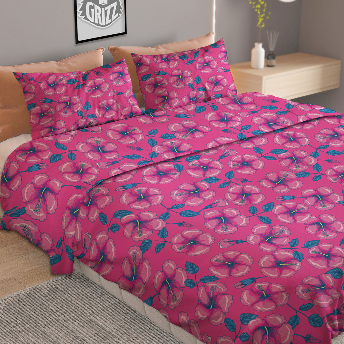 Hibiscus Tropical Hot Pink Print Pattern Duvet Cover Bedding Set