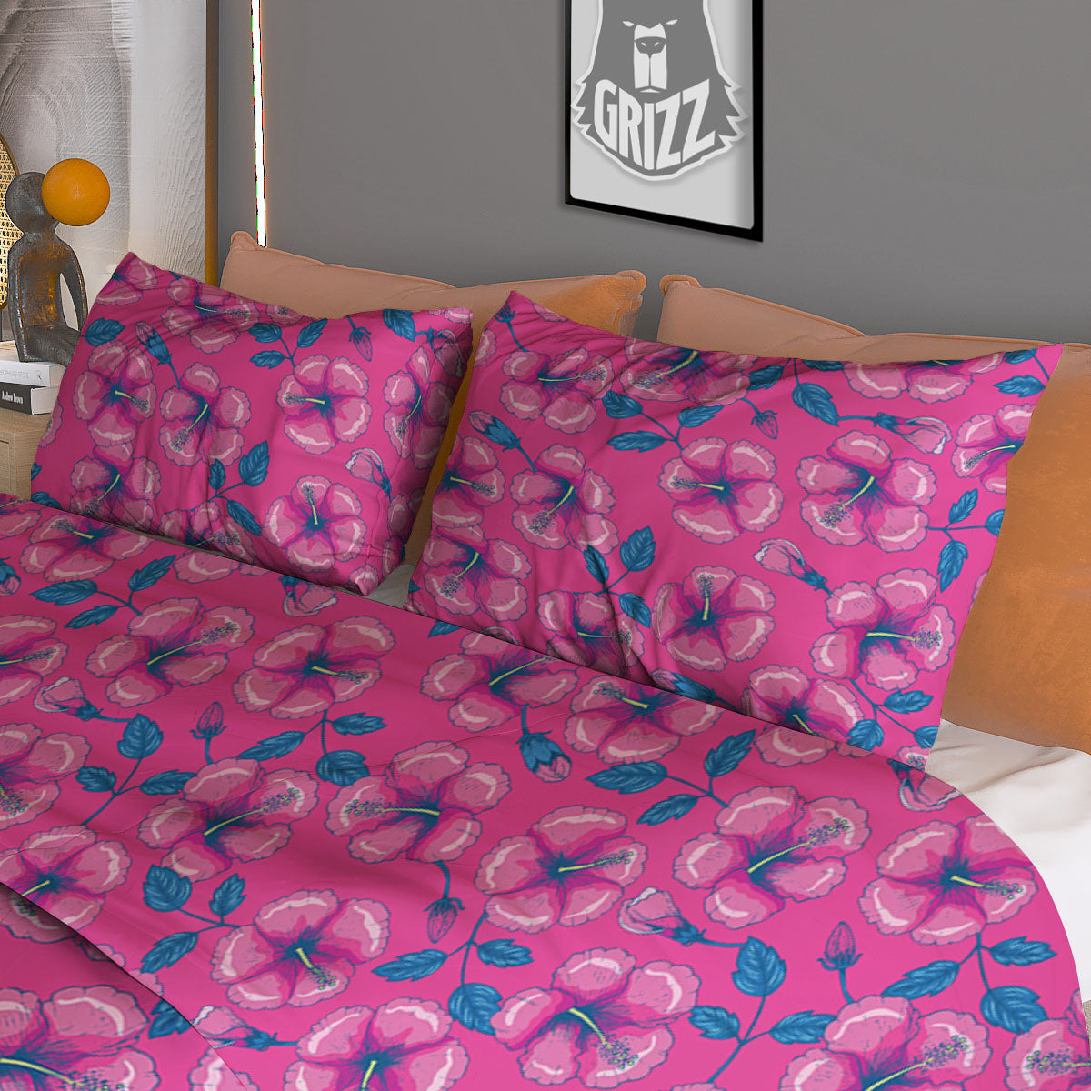 Hibiscus Tropical Hot Pink Print Pattern Duvet Cover Bedding Set