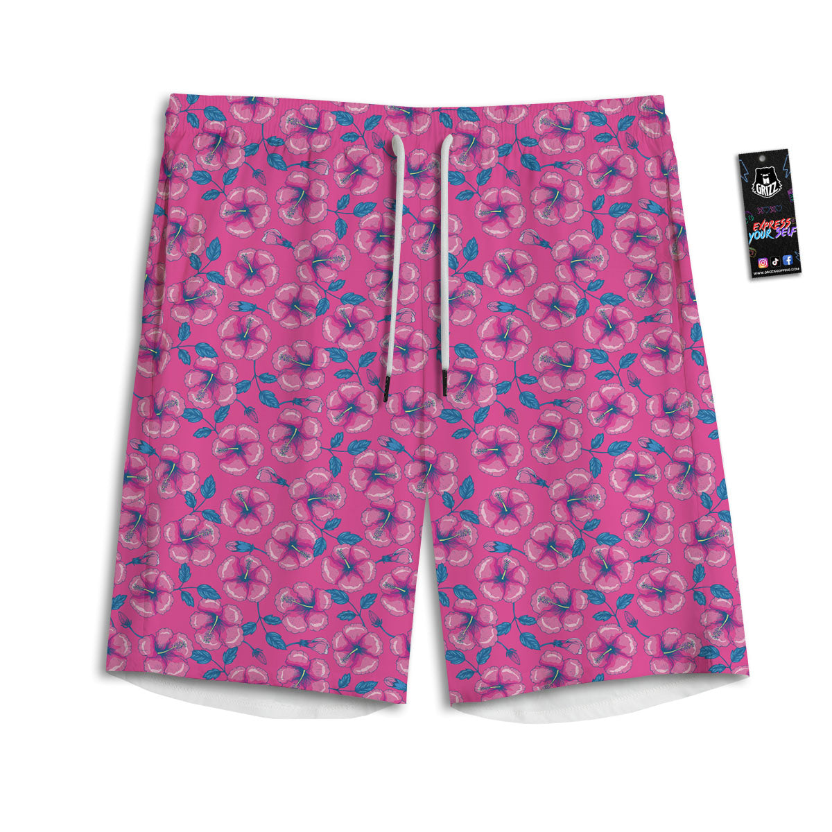 Hibiscus Tropical Hot Pink Print Pattern Men's Athletic Shorts