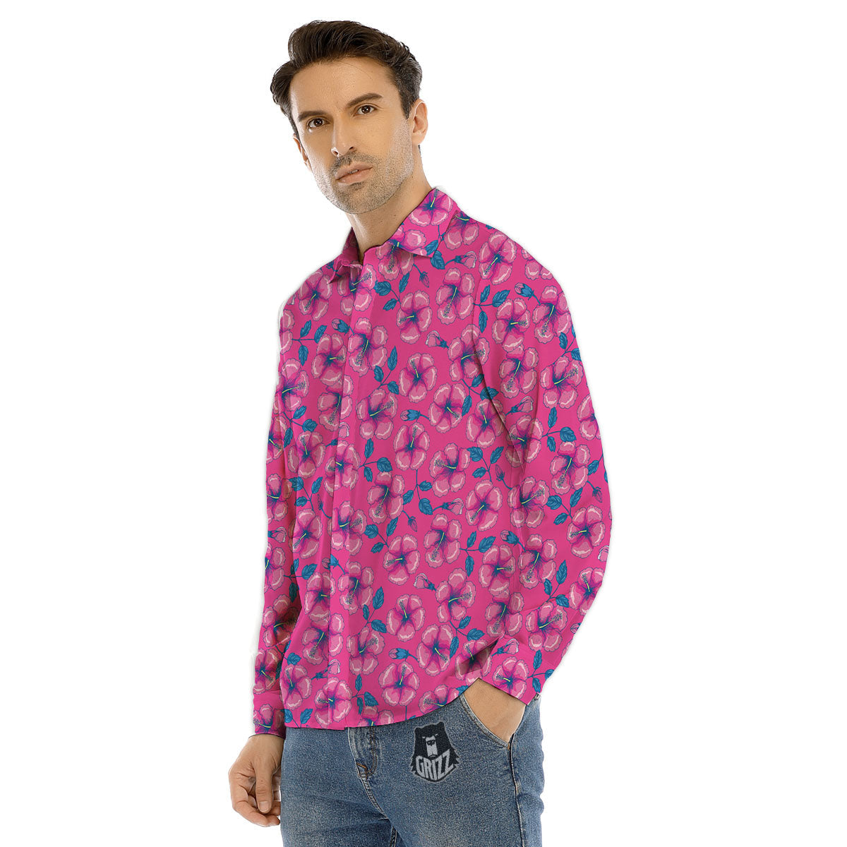 Hibiscus Tropical Hot Pink Print Pattern Men's Dress Shirts-grizzshop