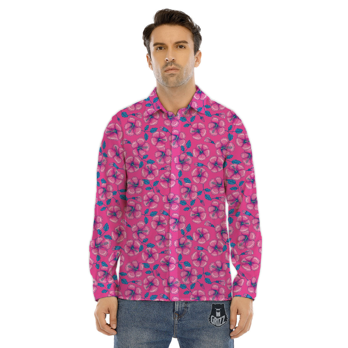 Hibiscus Tropical Hot Pink Print Pattern Men's Dress Shirts-grizzshop