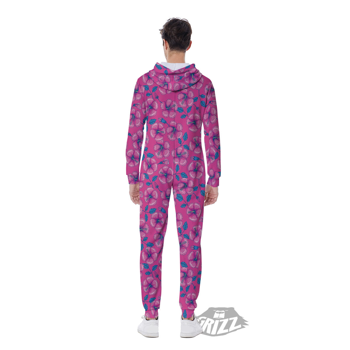 Hibiscus Tropical Hot Pink Print Pattern Men's Jumpsuit-grizzshop