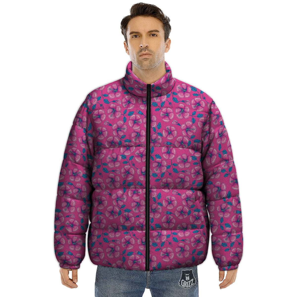 Hibiscus Tropical Hot Pink Print Pattern Puffer Jacket-grizzshop