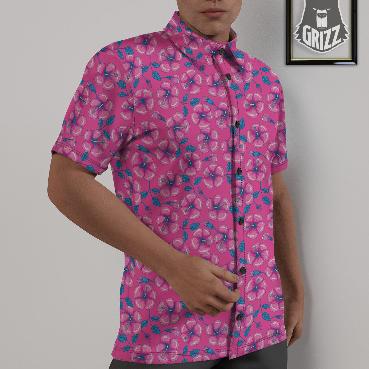 Hibiscus Tropical Hot Pink Print Pattern Untucked Shirts-grizzshop