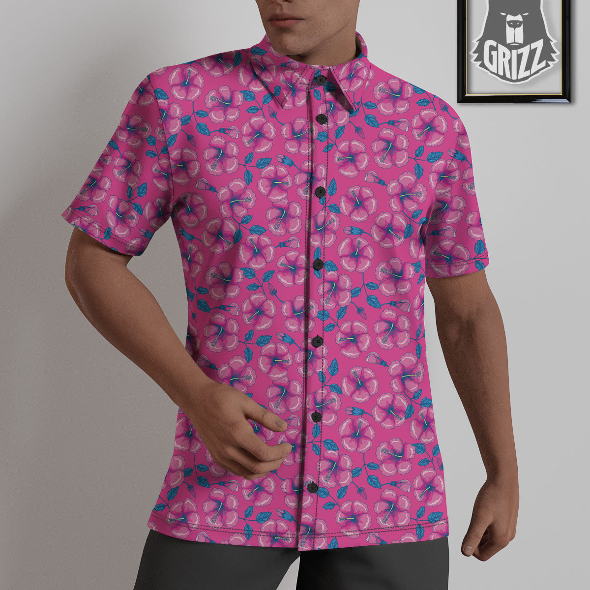 Hibiscus Tropical Hot Pink Print Pattern Untucked Shirts-grizzshop