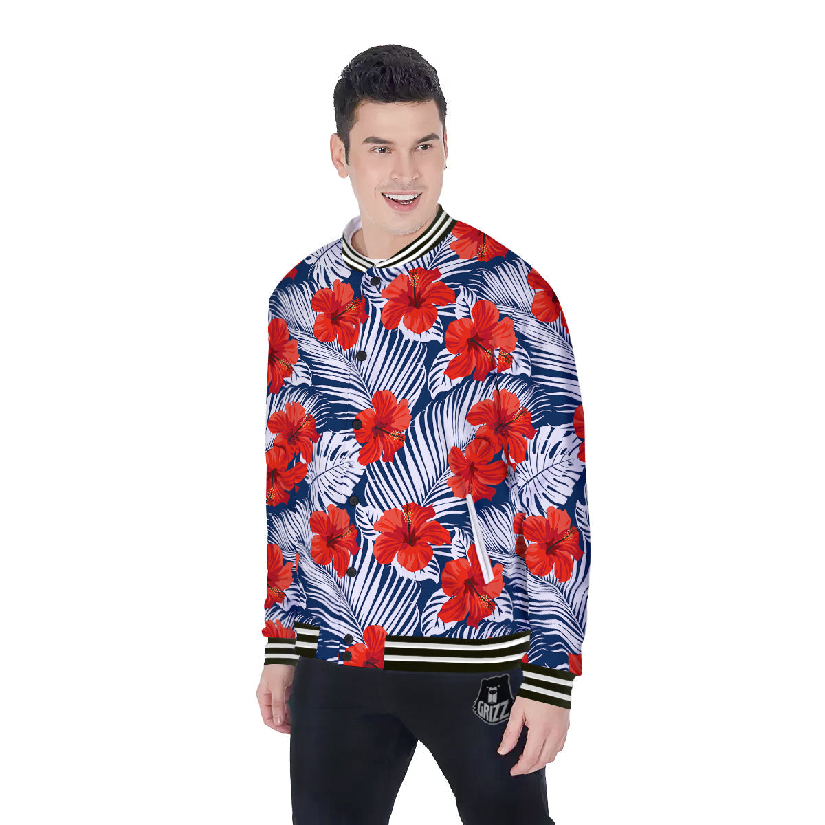 Hibiscus White Leaves Print Pattern Baseball Jacket-grizzshop