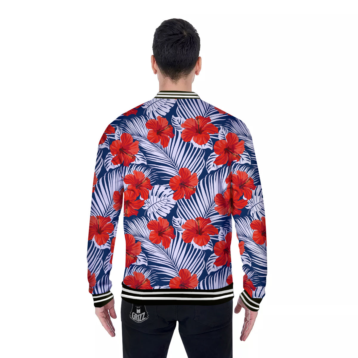 Hibiscus White Leaves Print Pattern Baseball Jacket-grizzshop