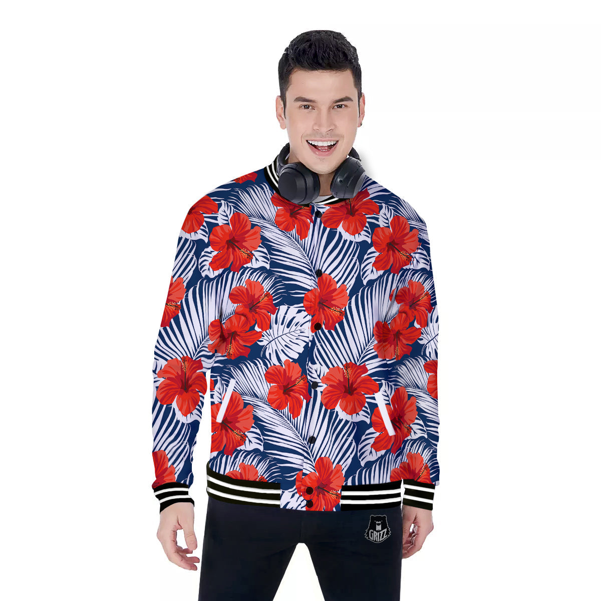 Hibiscus White Leaves Print Pattern Baseball Jacket-grizzshop