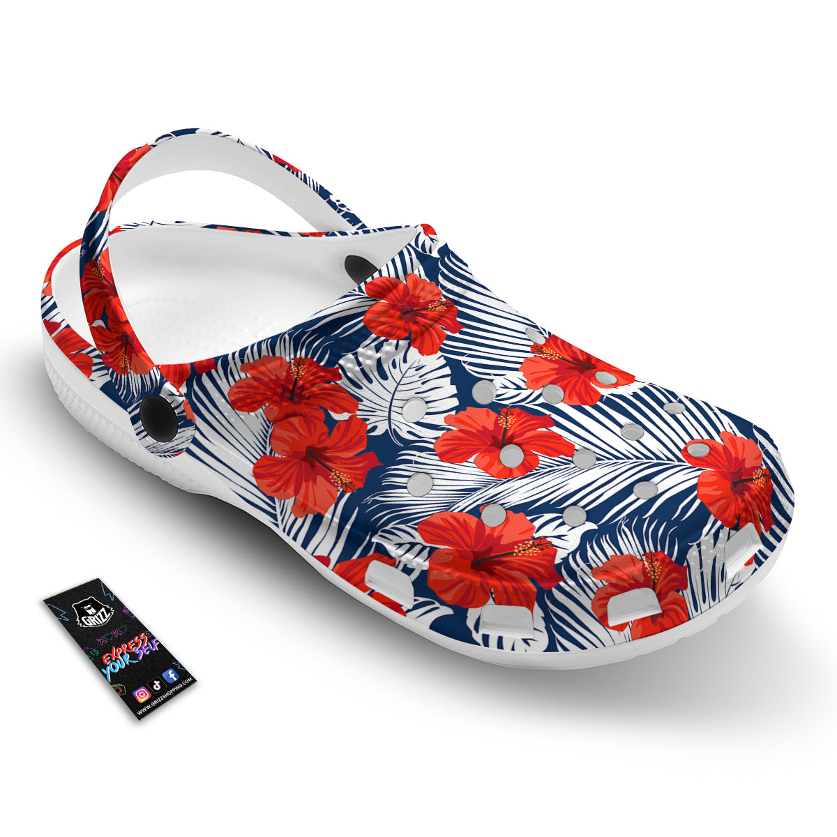 Hibiscus White Leaves Print Pattern Clog-grizzshop