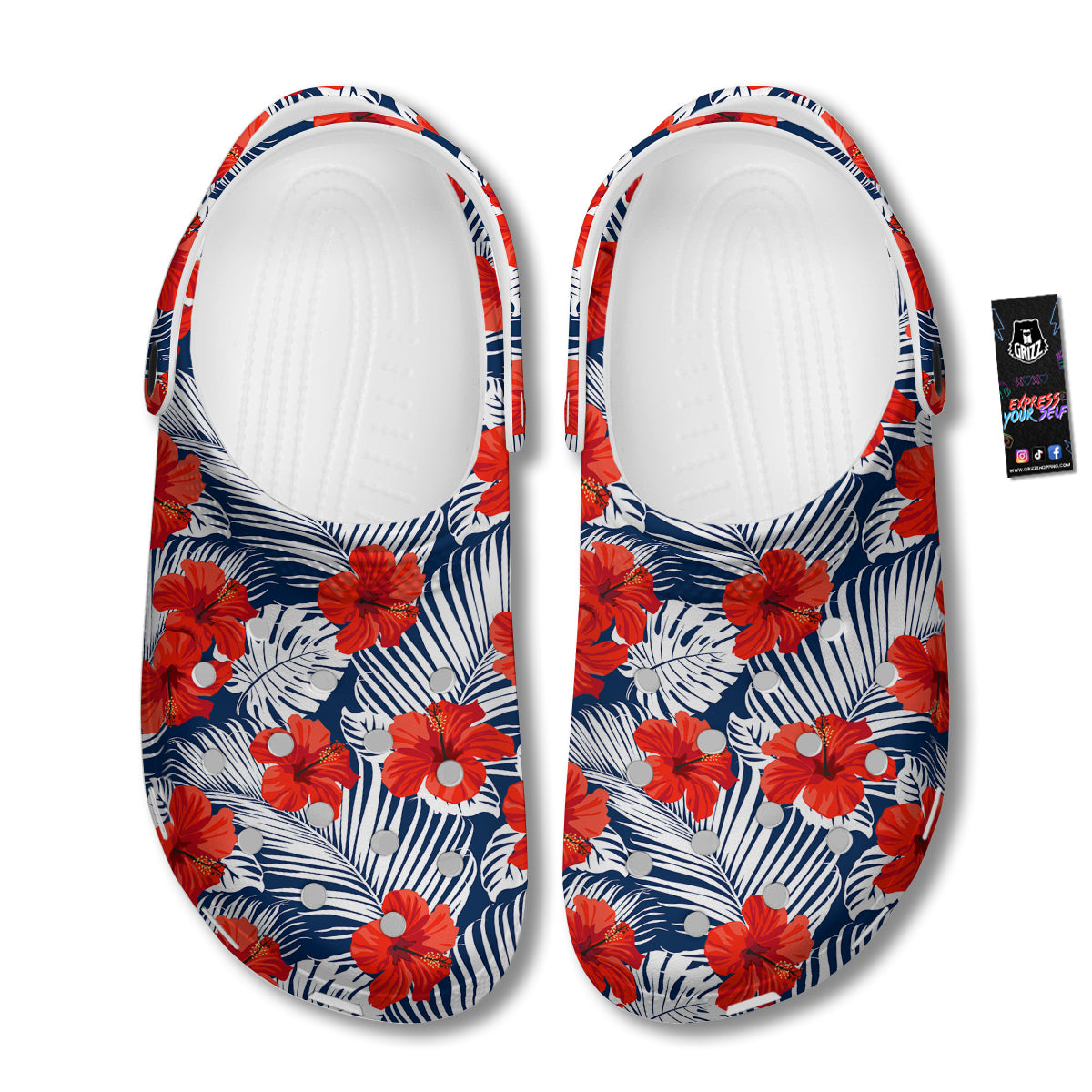 Hibiscus White Leaves Print Pattern Clog-grizzshop