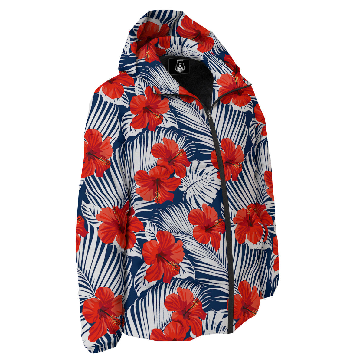Hibiscus White Leaves Print Pattern Down Jacket-grizzshop