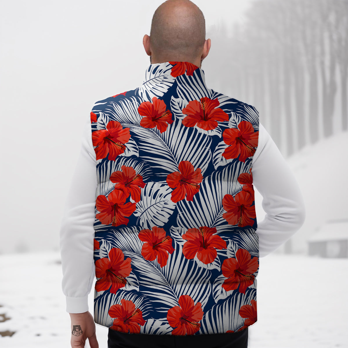 Hibiscus White Leaves Print Pattern Down Vest