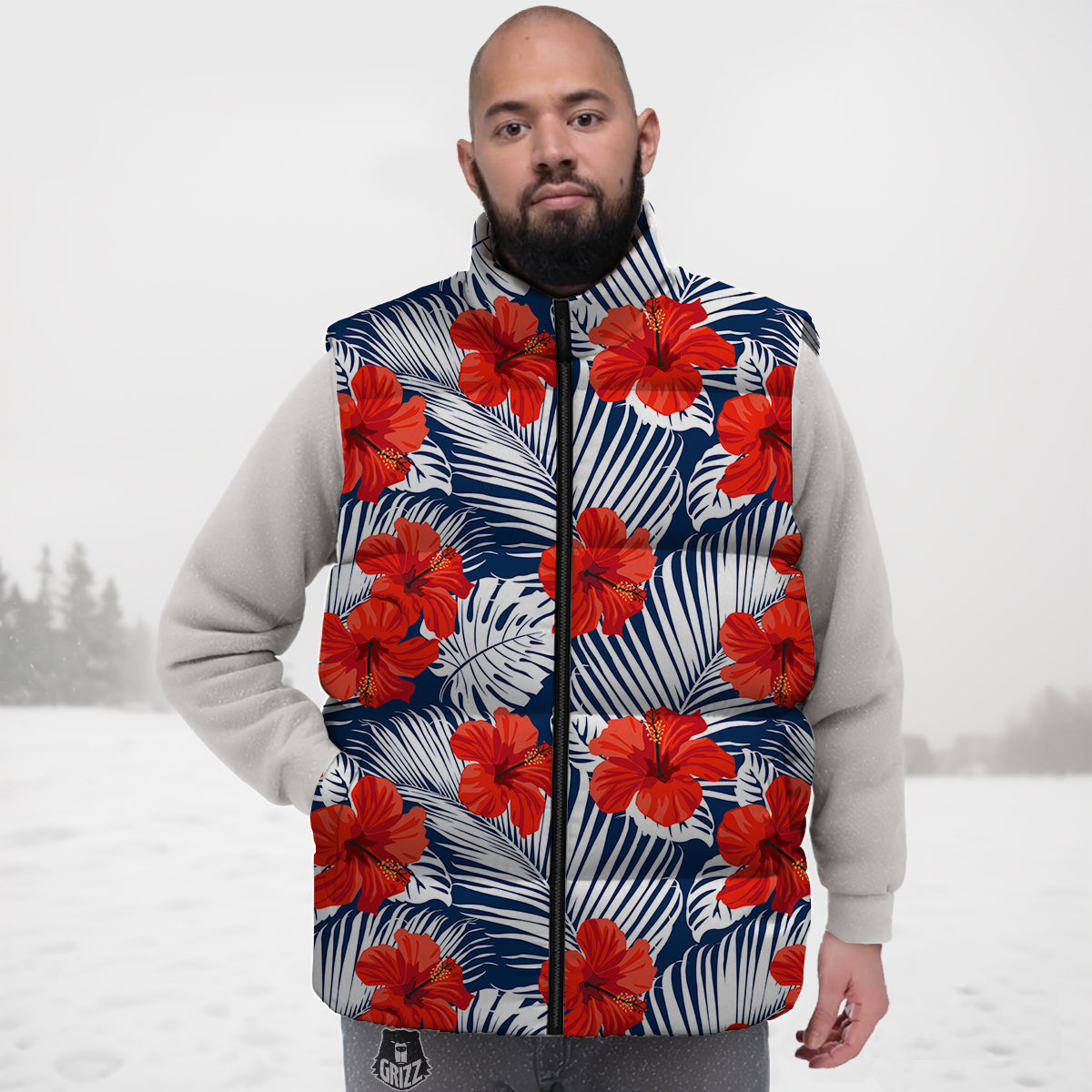 Hibiscus White Leaves Print Pattern Down Vest