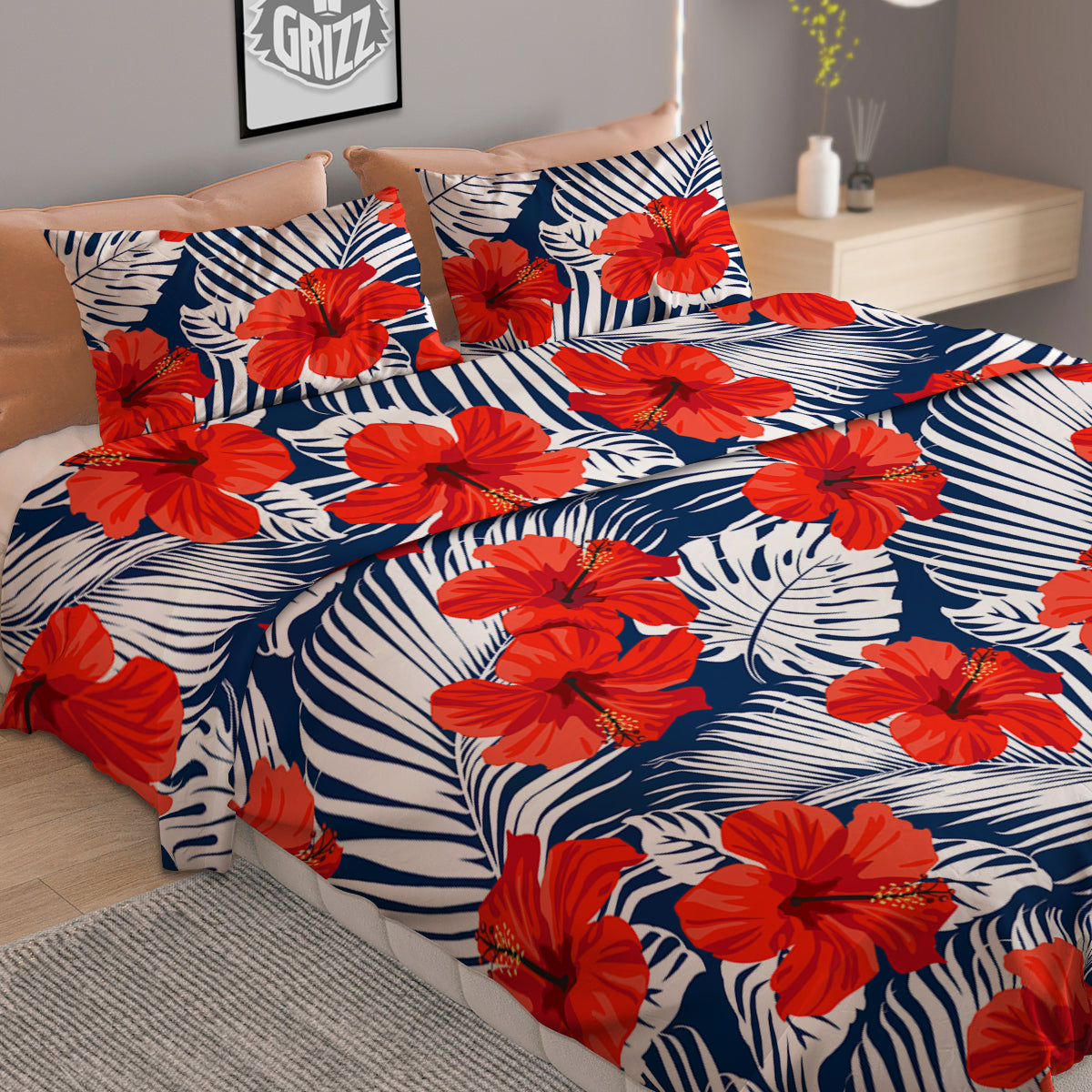 Hibiscus White Leaves Print Pattern Duvet Cover Bedding Set