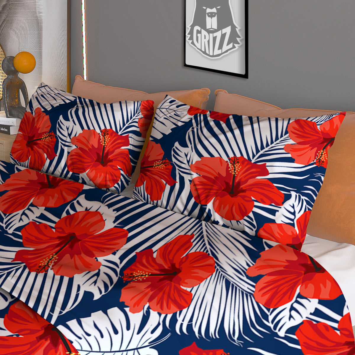 Hibiscus White Leaves Print Pattern Duvet Cover Bedding Set