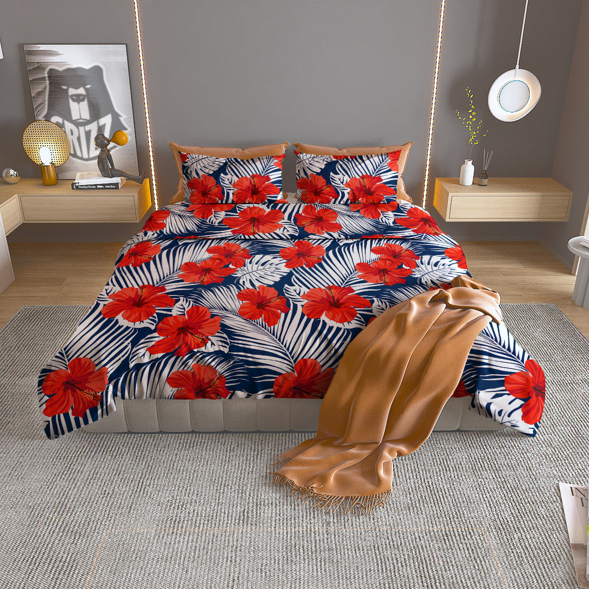 Hibiscus White Leaves Print Pattern Duvet Cover Bedding Set