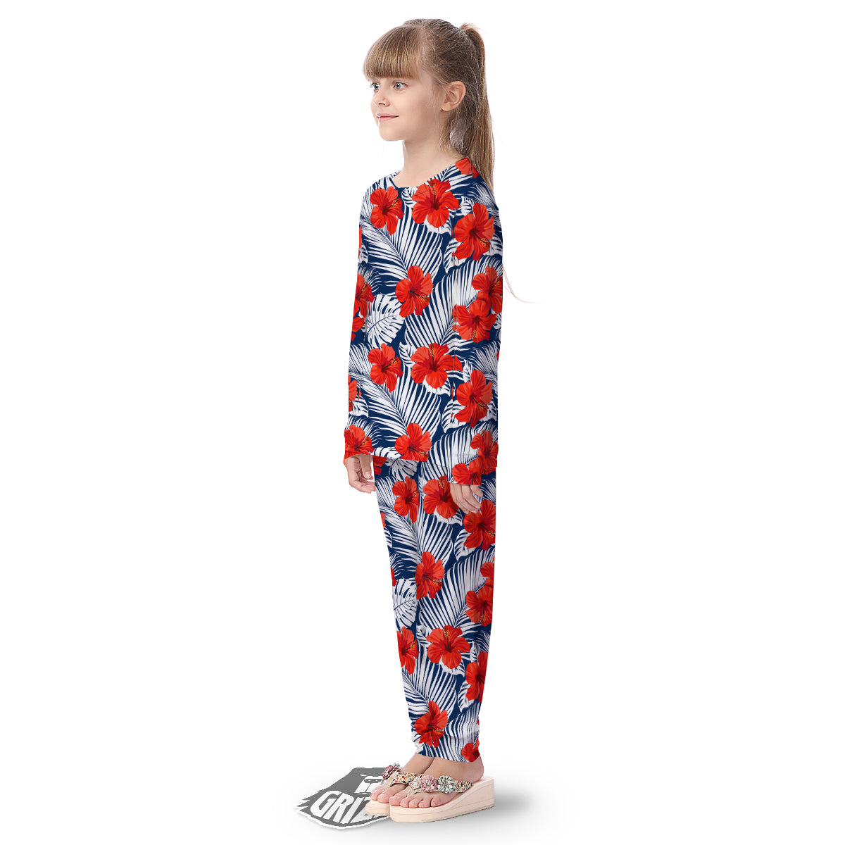 Hibiscus White Leaves Print Pattern Kid's Pajamas-grizzshop