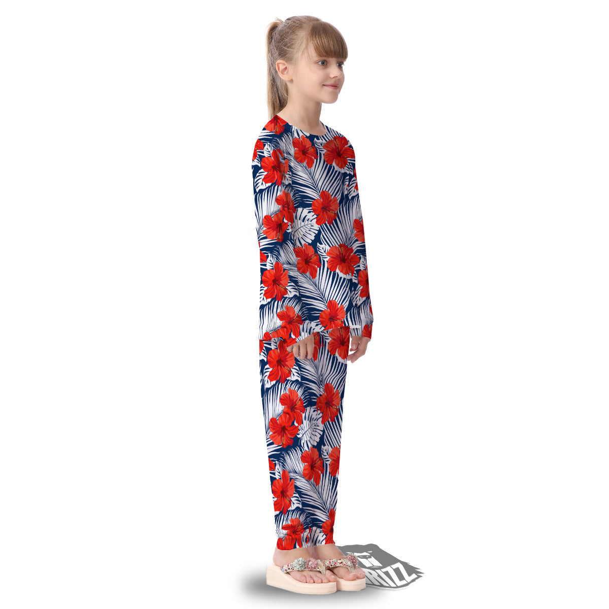 Hibiscus White Leaves Print Pattern Kid's Pajamas-grizzshop