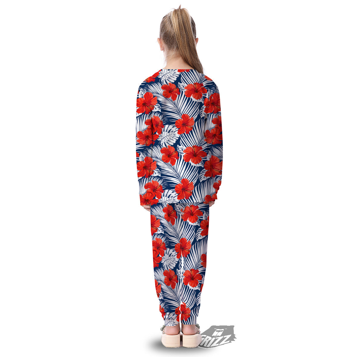 Hibiscus White Leaves Print Pattern Kid's Pajamas-grizzshop