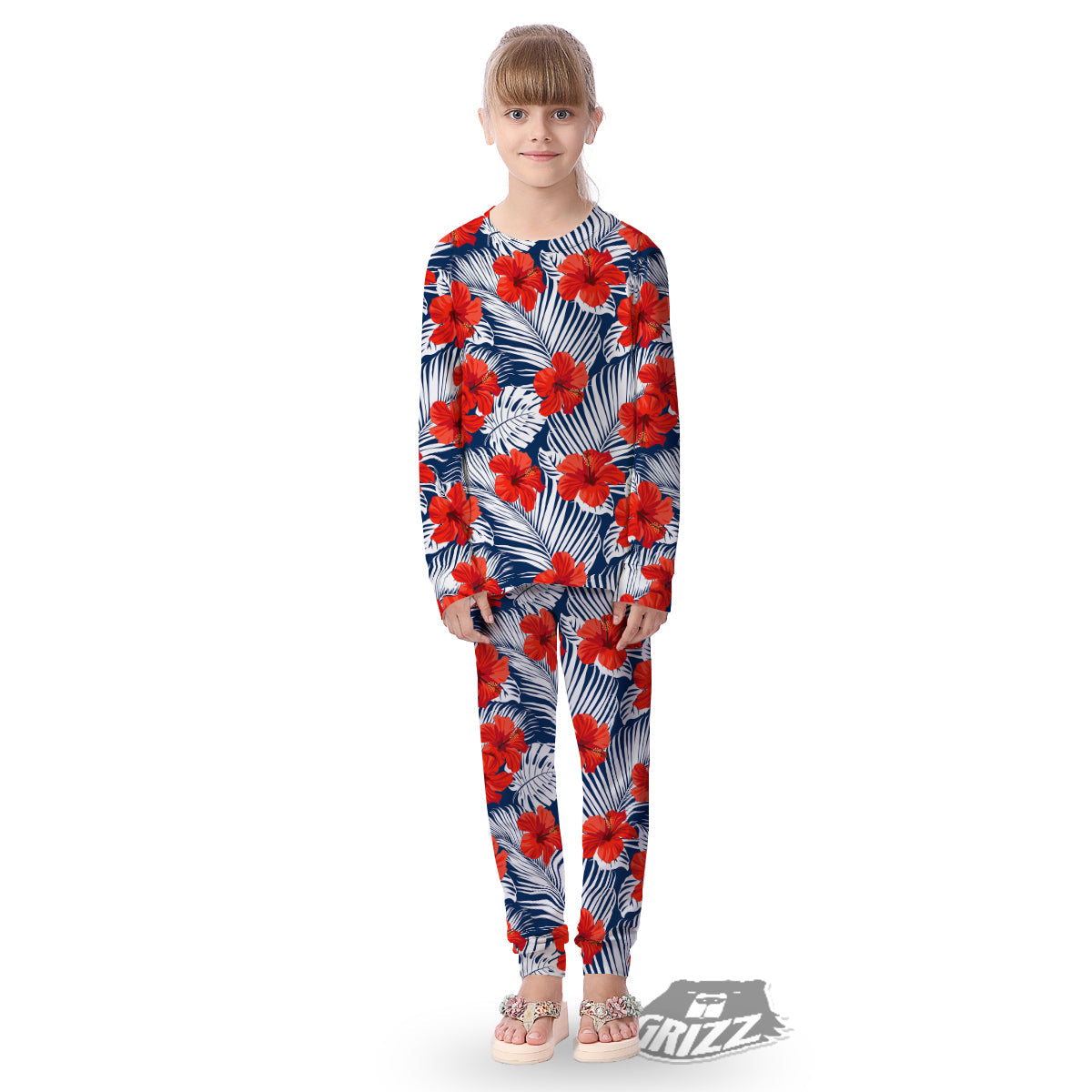 Hibiscus White Leaves Print Pattern Kid's Pajamas-grizzshop