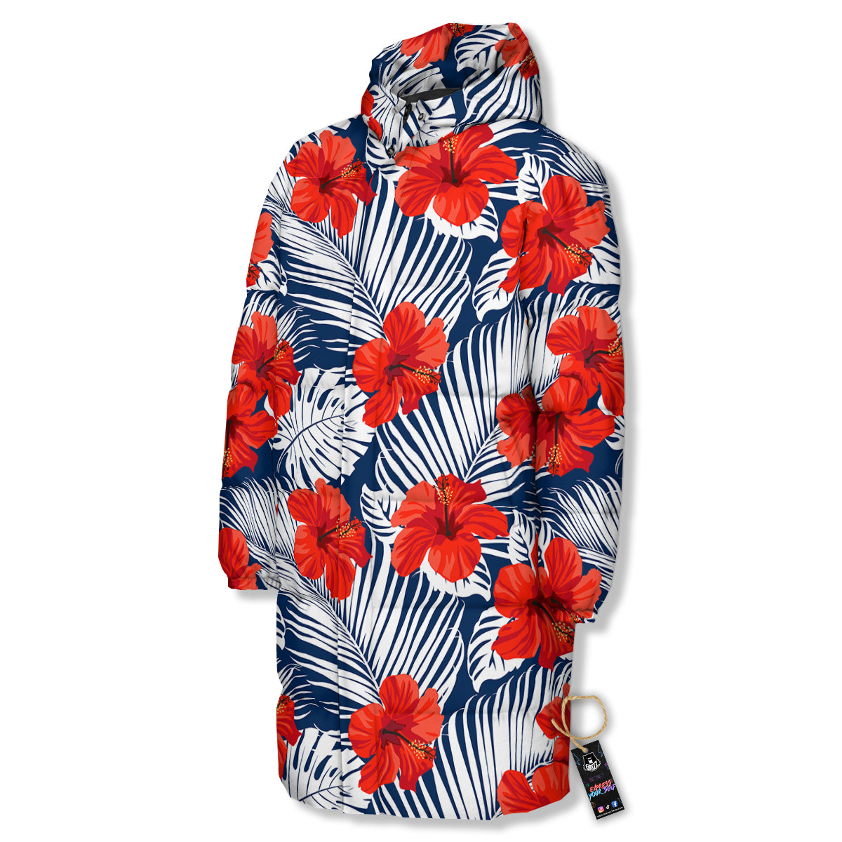 Hibiscus White Leaves Print Pattern Long Down Jacket-grizzshop