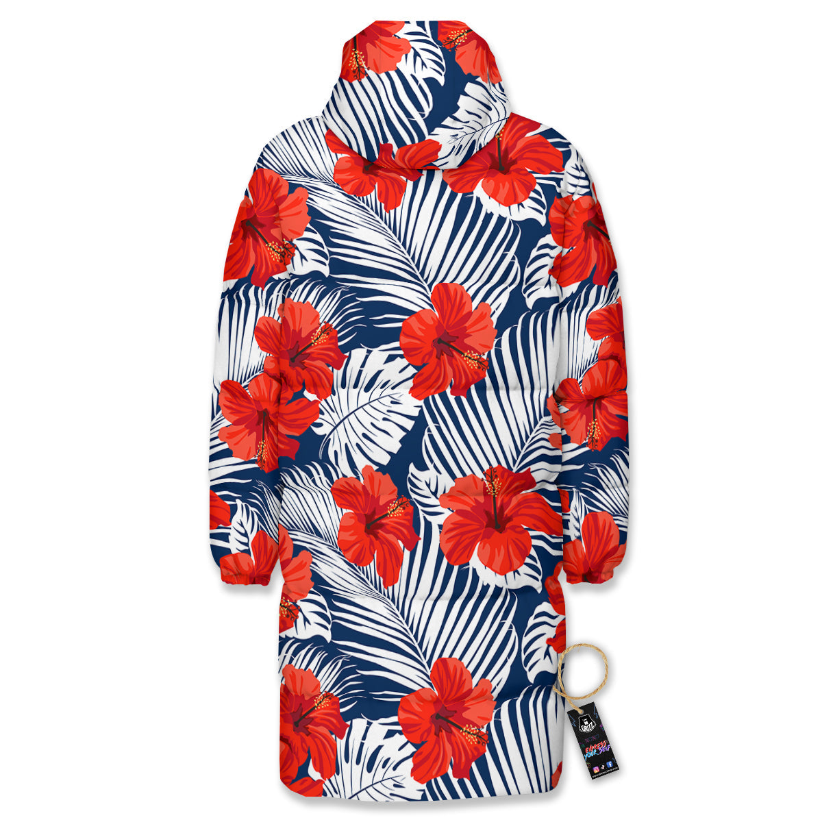 Hibiscus White Leaves Print Pattern Long Down Jacket-grizzshop