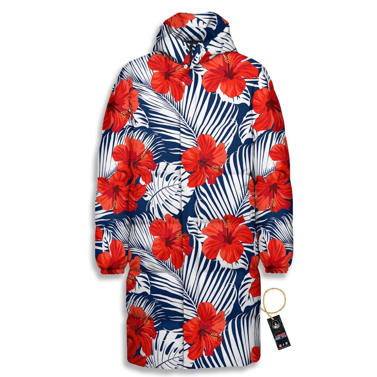 Hibiscus White Leaves Print Pattern Long Down Jacket-grizzshop