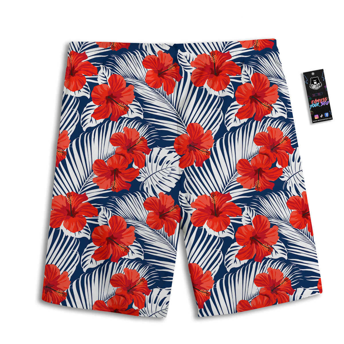 Hibiscus White Leaves Print Pattern Men's Athletic Shorts