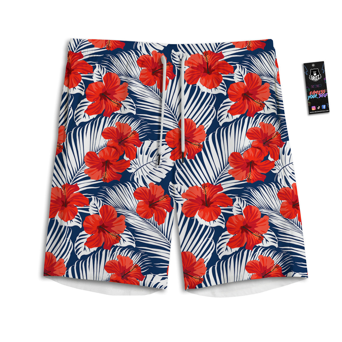 Hibiscus White Leaves Print Pattern Men's Athletic Shorts