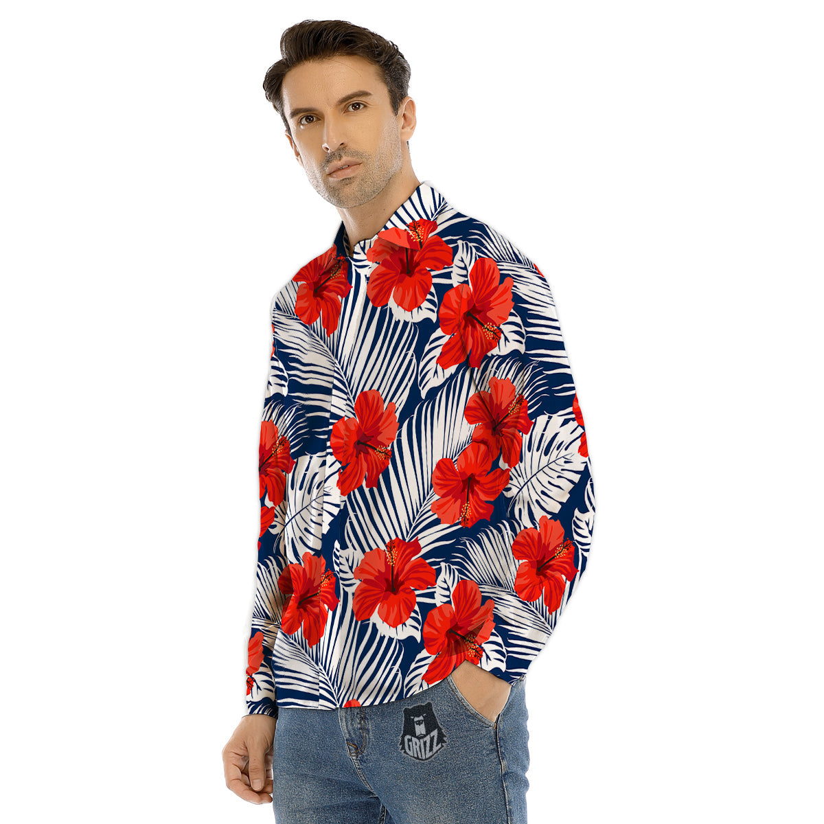 Hibiscus White Leaves Print Pattern Men's Dress Shirts-grizzshop