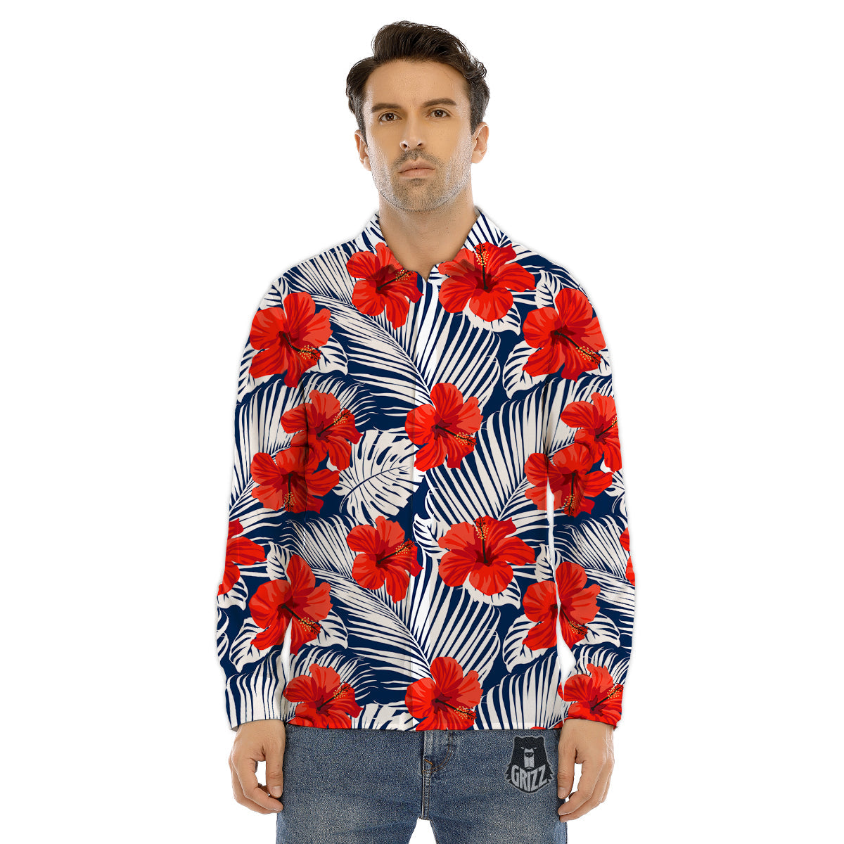 Hibiscus White Leaves Print Pattern Men's Dress Shirts-grizzshop