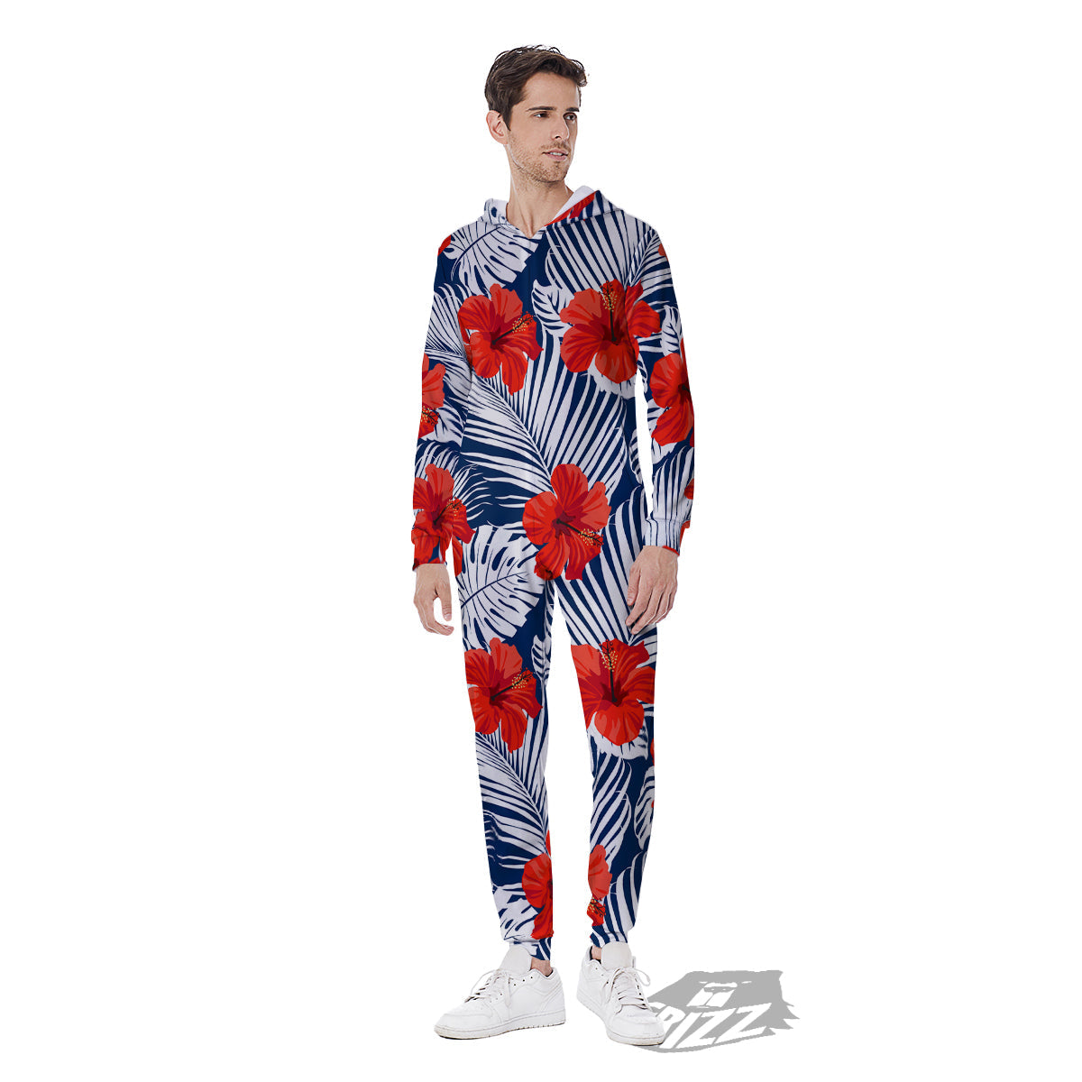Hibiscus White Leaves Print Pattern Men's Jumpsuit-grizzshop