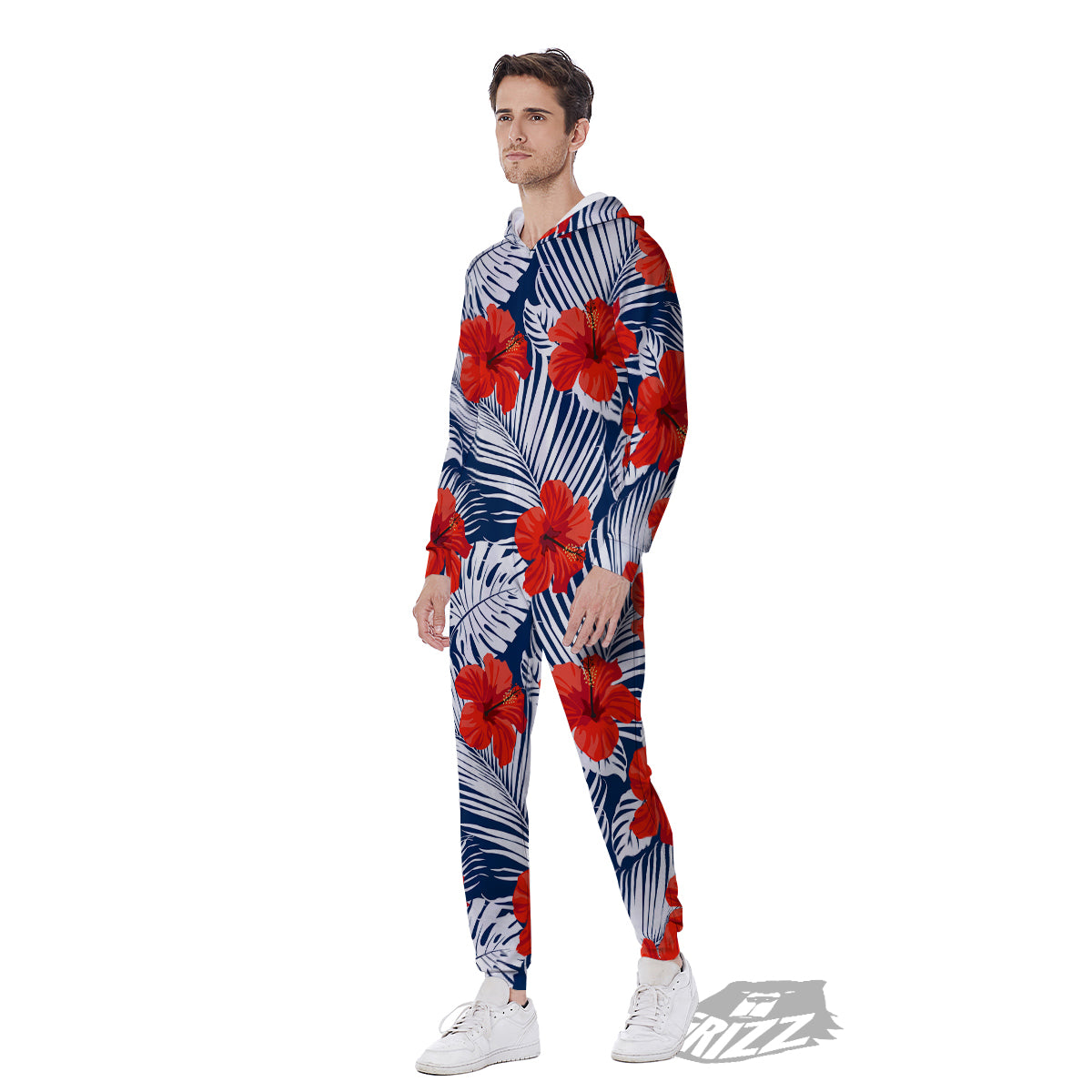 Hibiscus White Leaves Print Pattern Men's Jumpsuit-grizzshop