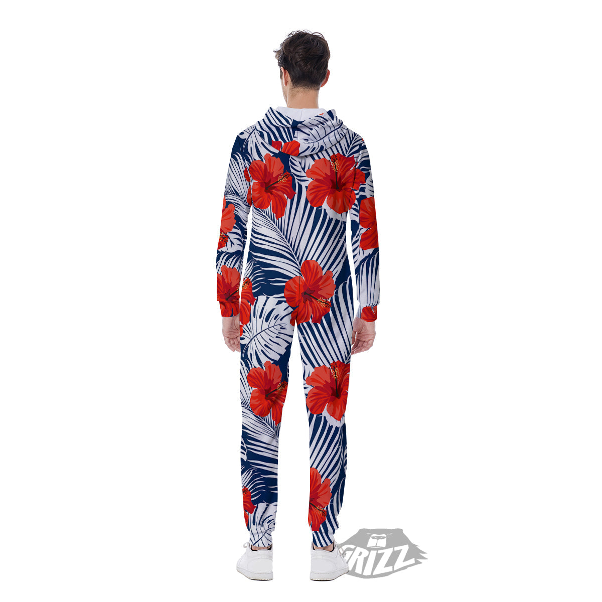 Hibiscus White Leaves Print Pattern Men's Jumpsuit-grizzshop