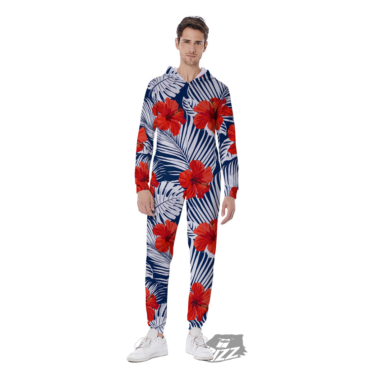 Hibiscus White Leaves Print Pattern Men's Jumpsuit-grizzshop