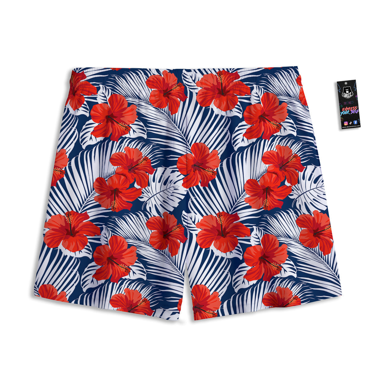 Hibiscus White Leaves Print Pattern Mesh Shorts