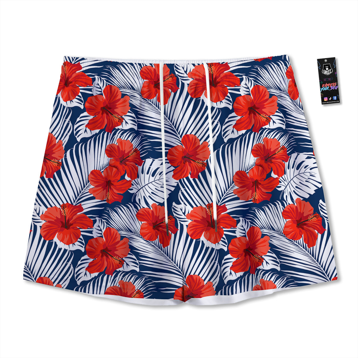 Hibiscus White Leaves Print Pattern Mesh Shorts