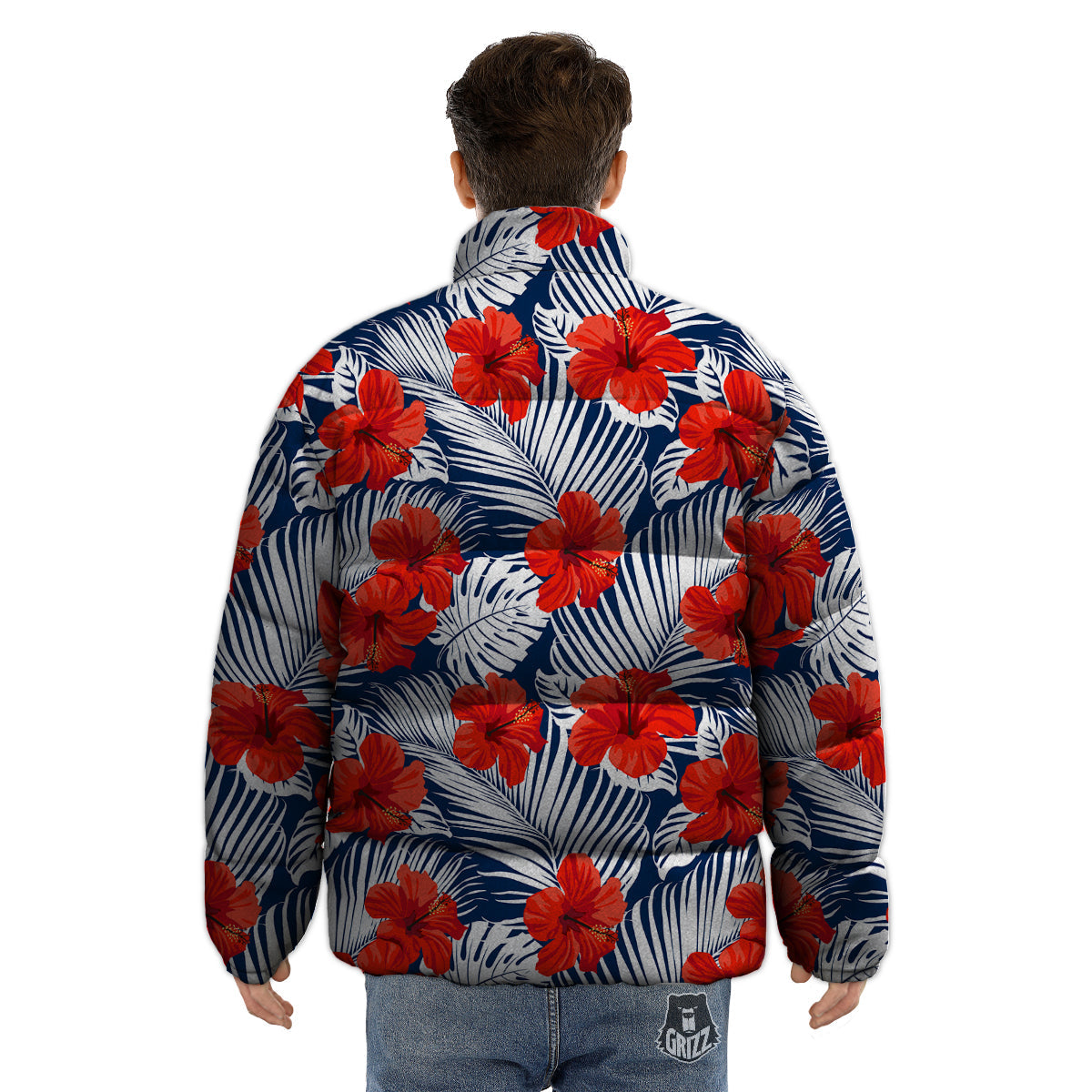 Hibiscus White Leaves Print Pattern Puffer Jacket-grizzshop