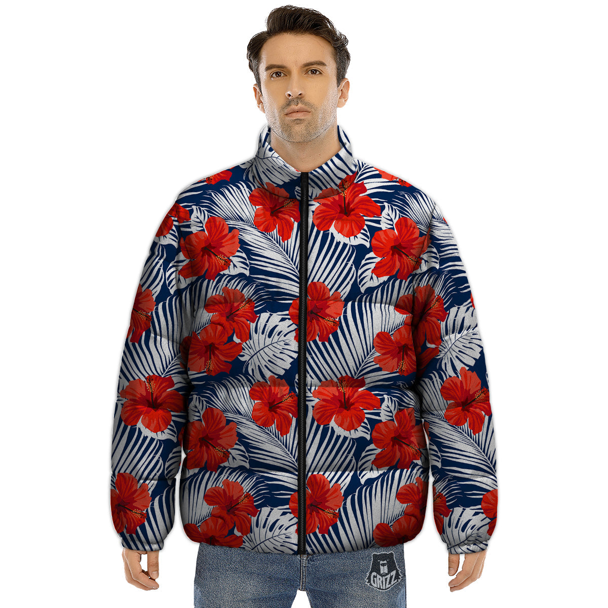 Hibiscus White Leaves Print Pattern Puffer Jacket-grizzshop